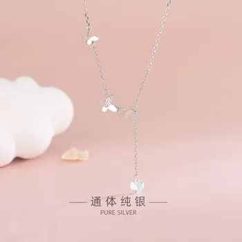 

Ms Necklace Korean Fashion Art Sterling Silver Rhinestones Zircon Butterfly Tassel Clavicle Chain Pendant Girl Neck Accessories
