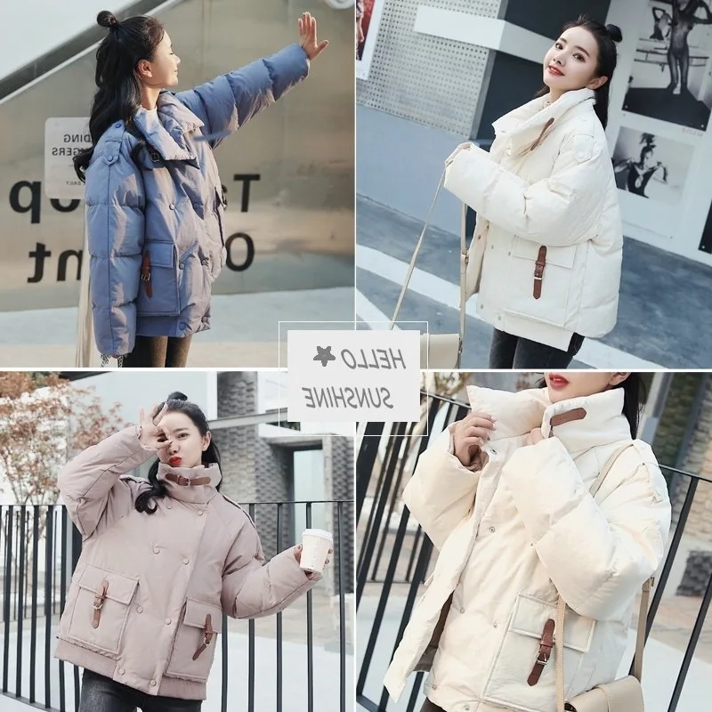 

2019chic2018 Off-white down Coat Short Loose-Fit Korean-style Leather Buckle Short-height Cotton Overcoat Women's Winter