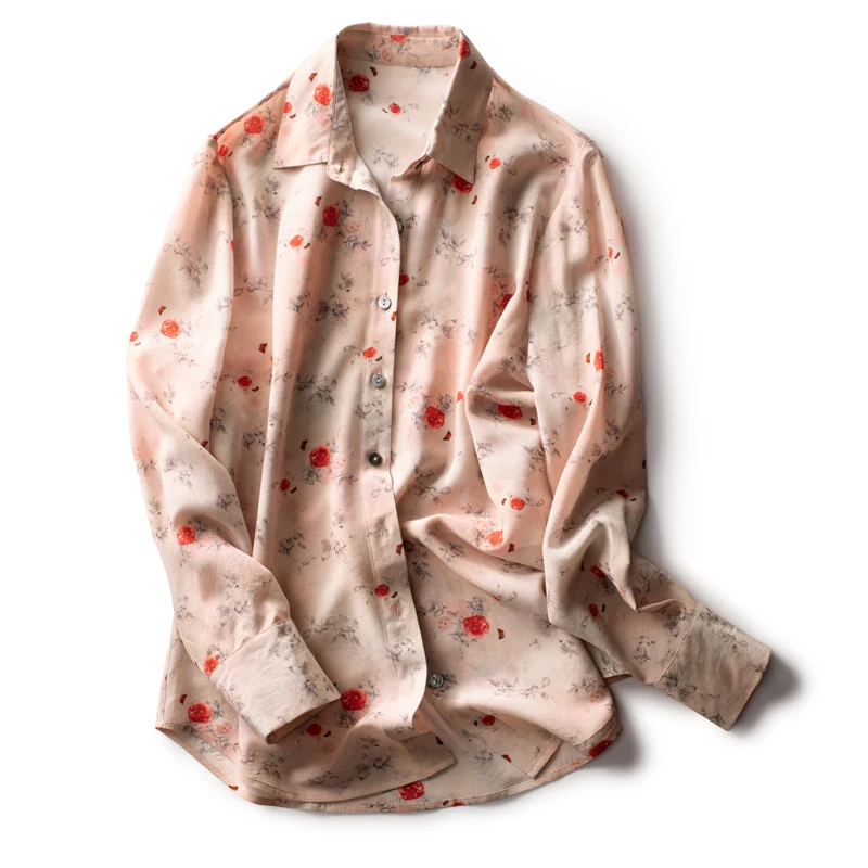 

Womens and Ladies Long Sleeve Shirt Turn-Down Collar Blouse Tops Floral mulberry silk shirt 2020 New spring Pink