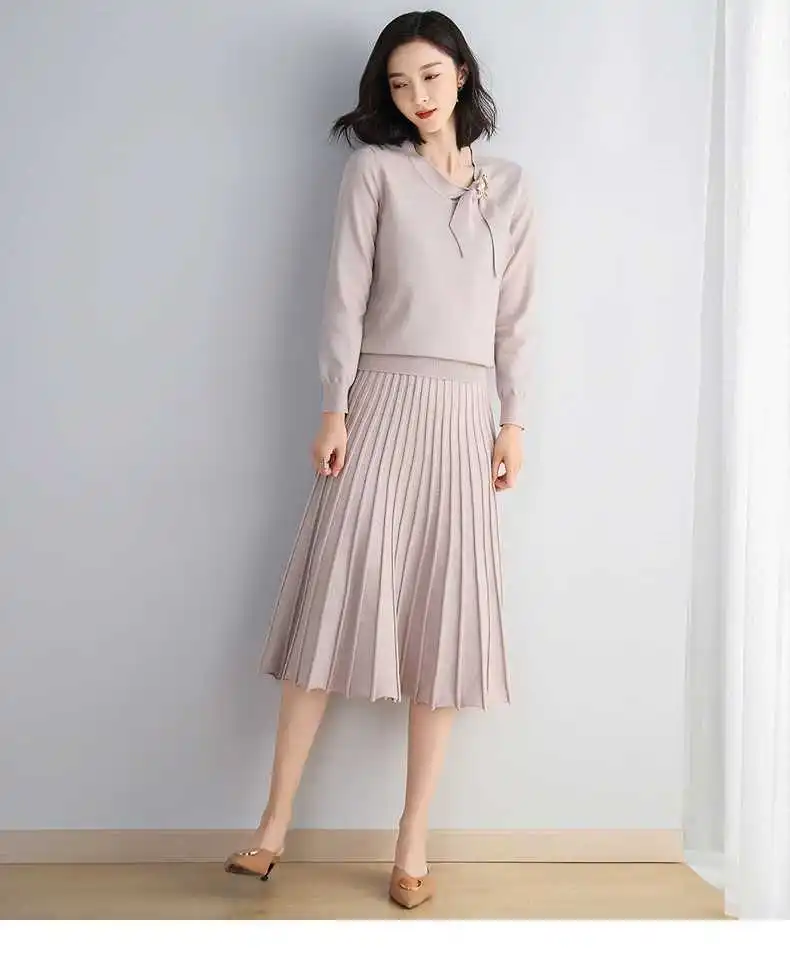 summer new knitting sweater ribbon pleated dress