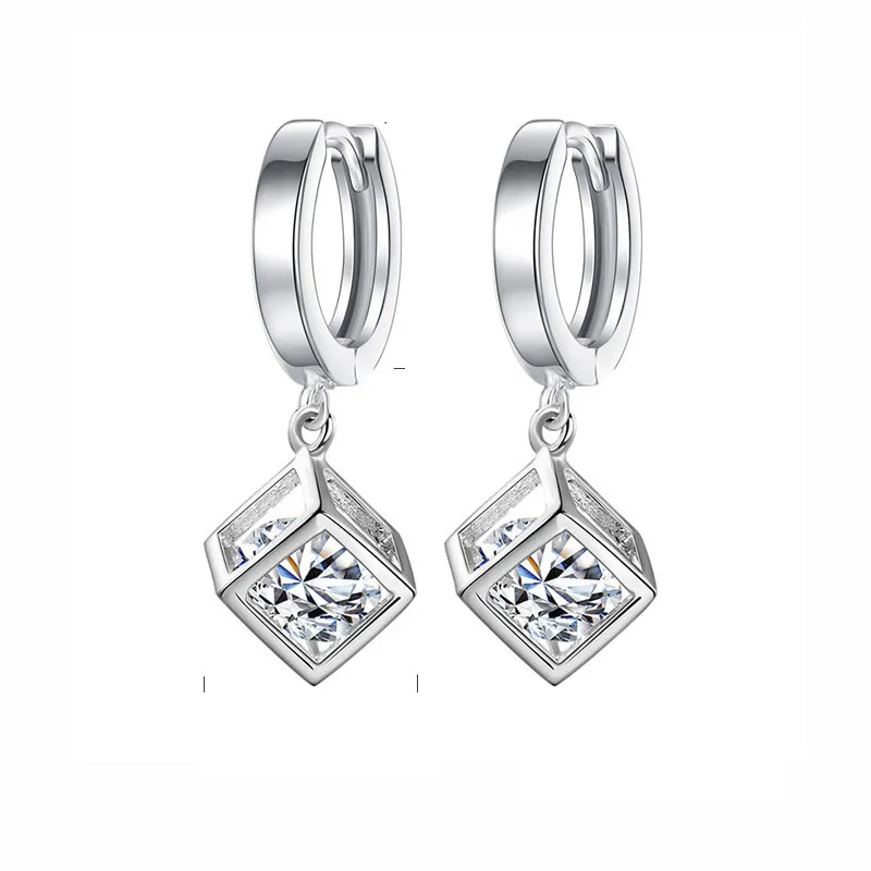 

925 Sterling Silver Cube Love Window Zircon Sugar Drop Earrings For Women brincos Best Gift S-E228