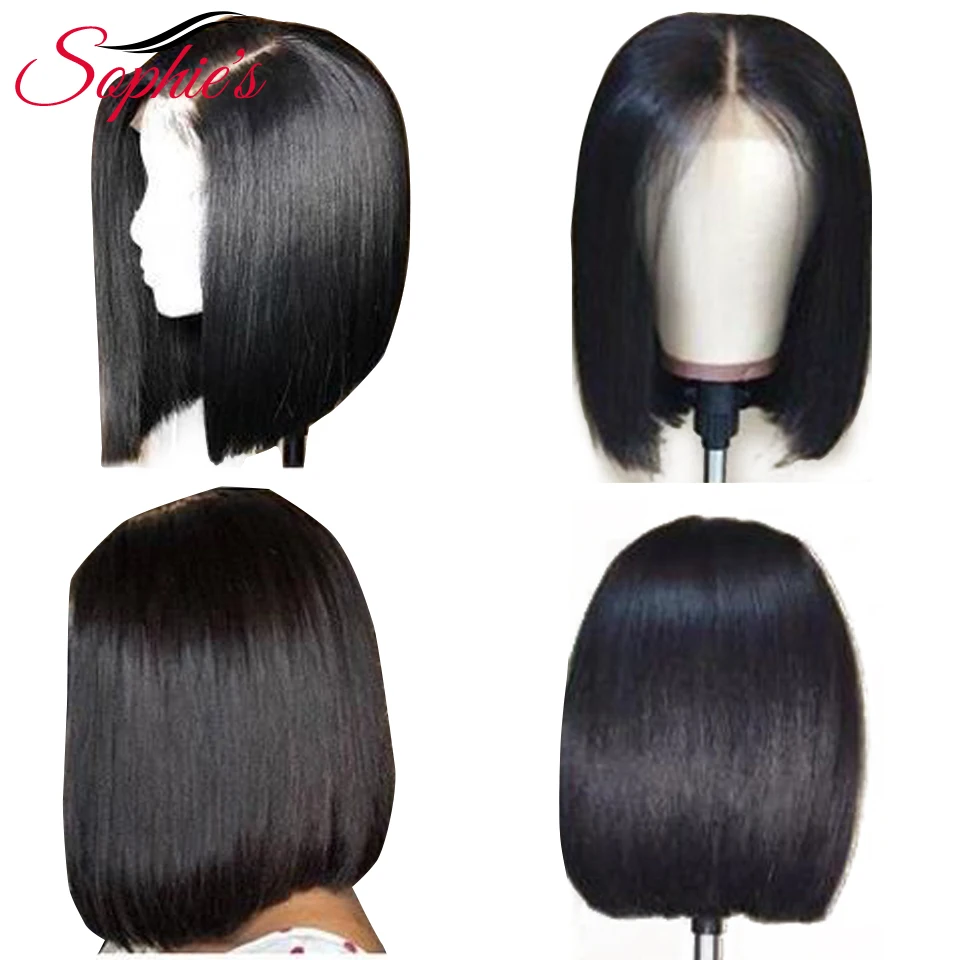 Goedkoop Sophie S 4*4 Vetersluiting Korte Bob Menselijk Haar Pruiken Pre Geplukt Braziliaanse Straight Menselijk Haar Pruiken 150% Dichtheid Remy Pruik 8 14\