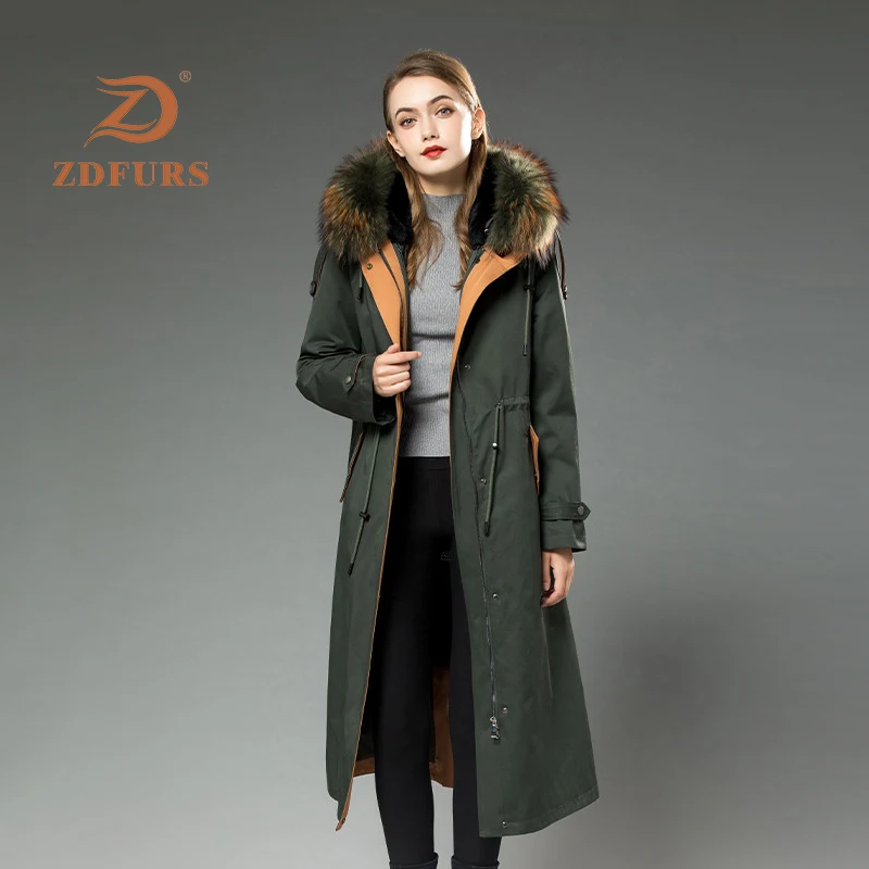 ZDFURS* Женская парка из меха кролика рекс с мехом енота с капюшоном зимний помпон из натурального меха длинная стильная ветрозащитная модная куртка