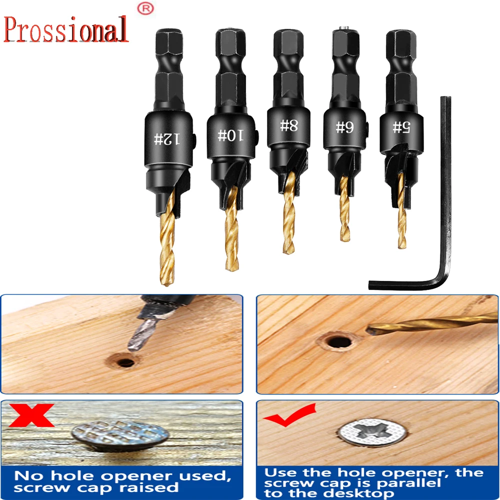 

Free shipping 5pcs Countersink Drill Woodworking Drill Bit Set Drilling Pilot Holes For Screw Sizes #5 #6 #8 #10 #12