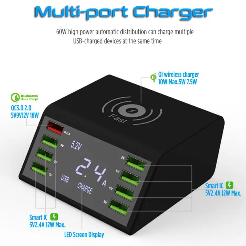 Phone Smart Charger+8-Port USB QC3.0+10W Wireless Fast Charging Digital Display Charger Built-in IC Chip Voltage Auto-correction