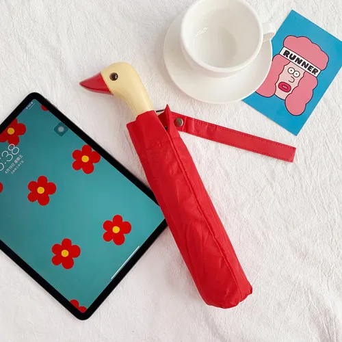 gules-A Полуавтоматический милый деревянный утиный зонтик с ручкой, ветрозащитный двойной складной зонтик для женщин, мужчин, детей - Цвет: gules-A
