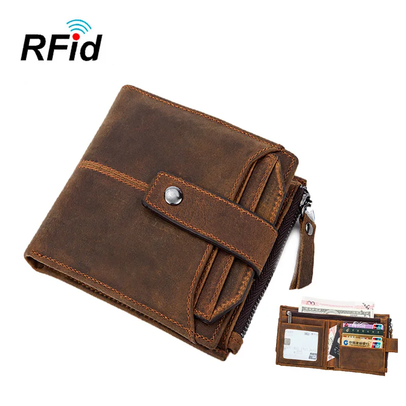 Винтажный Мужской кошелек Crazy Horse кожа мульти-карта короткий кошелек RFID Противоугонная натуральная кожа молния и Hasp мужские кошельки