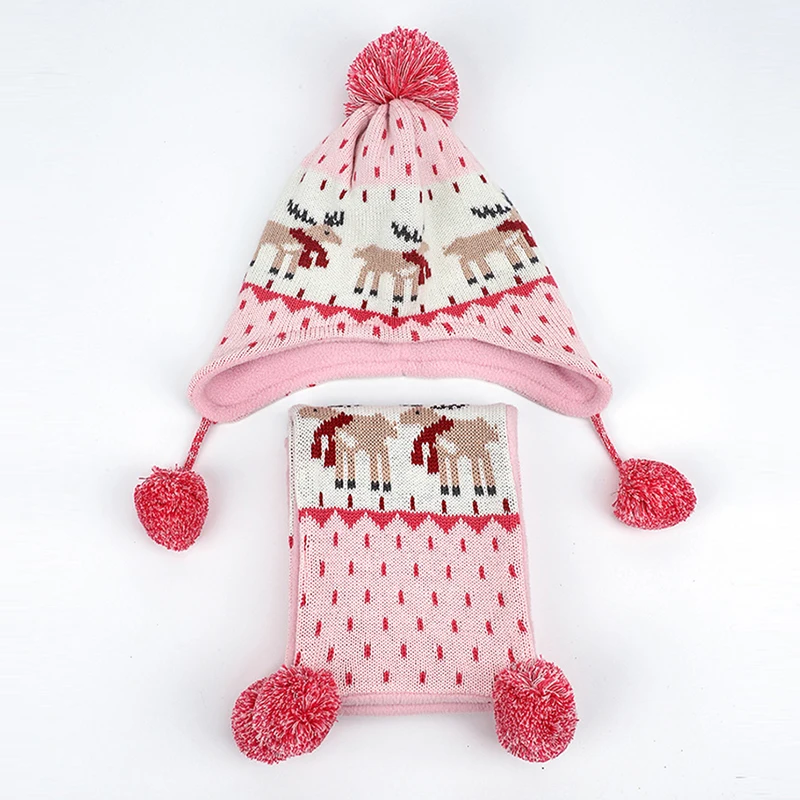 

Hat Scarf Set Winter Girl Earflap Beanie Pompom Fleece Deer Animal Warm Autumn Skiing Outdoor Baby Child Accessory