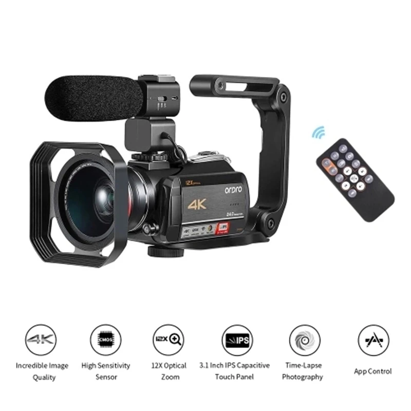 

ORDRO AC5 4K WiFi Digital Video Camera Camcorder Recorder DV 24MP 3.1 Inch IPS Pressscreen 12X Optical Zoom Time-Lapse Face Dete