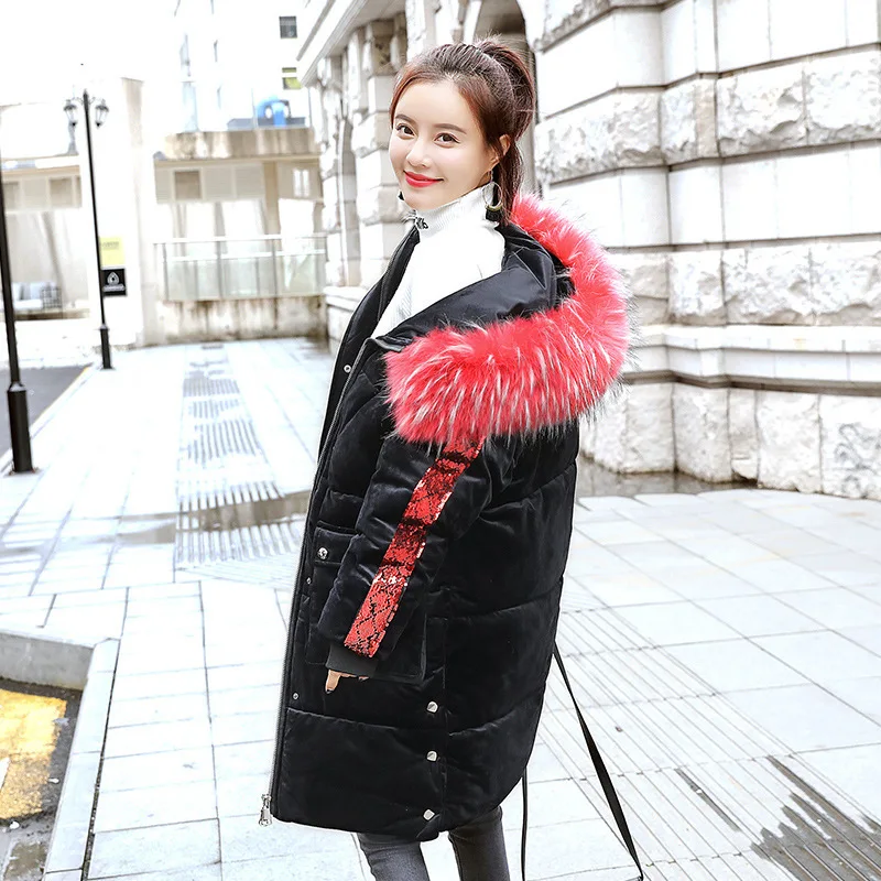 

Winter jacket Down parka jacket mid-long style winter knee-crossing 2019 new casual bead piece long sleeve thick big cotton 1813