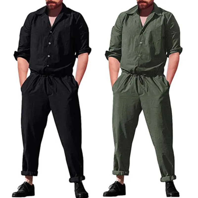 

Summer Fashion Long Sleeve Men sets Rompers Single Breasted Jumpsuit Long Pants Elastic waist Trousers Mens Clothing Overalls