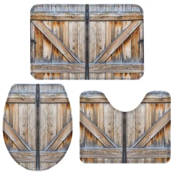 

3 Pieces Bathroom Set Country Barn Door Wood Bath Set Toilet Cover Mat Pedestal Rug Non-Slip Bathroom Rug Set