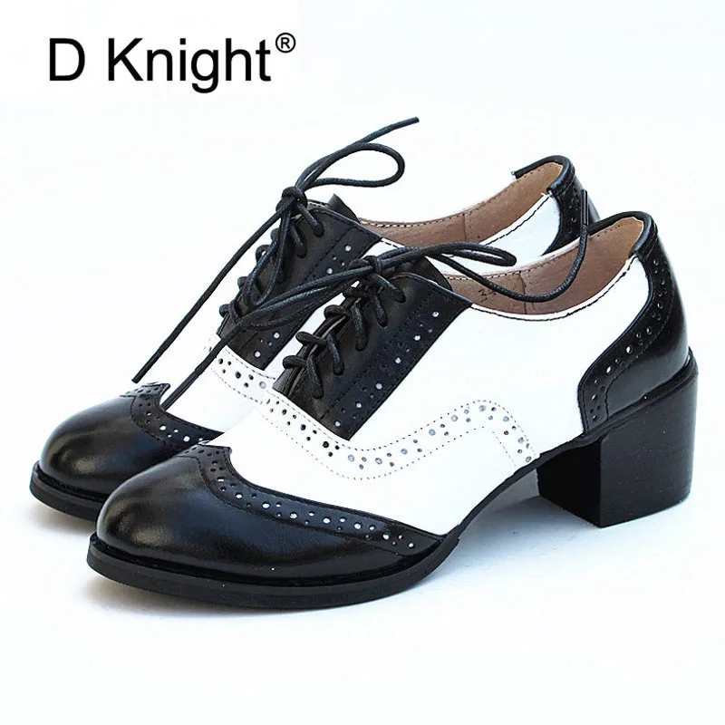

Big Size 34-42 Retro Ladies Bullock Oxfords New Women Genuine Cow Leather Pumps Shoes Vintage High Heels Women's Oxford Shoes