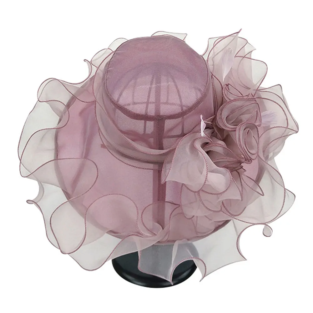 Light Purple Женская мода, шляпа от солнца, цветочный рисунок, официальные, пляжные, вечерние, органза, летние, с широкими полями, свадебные, ультрафиолет, большие, элегантные, церковные - Цвет: Light Purple