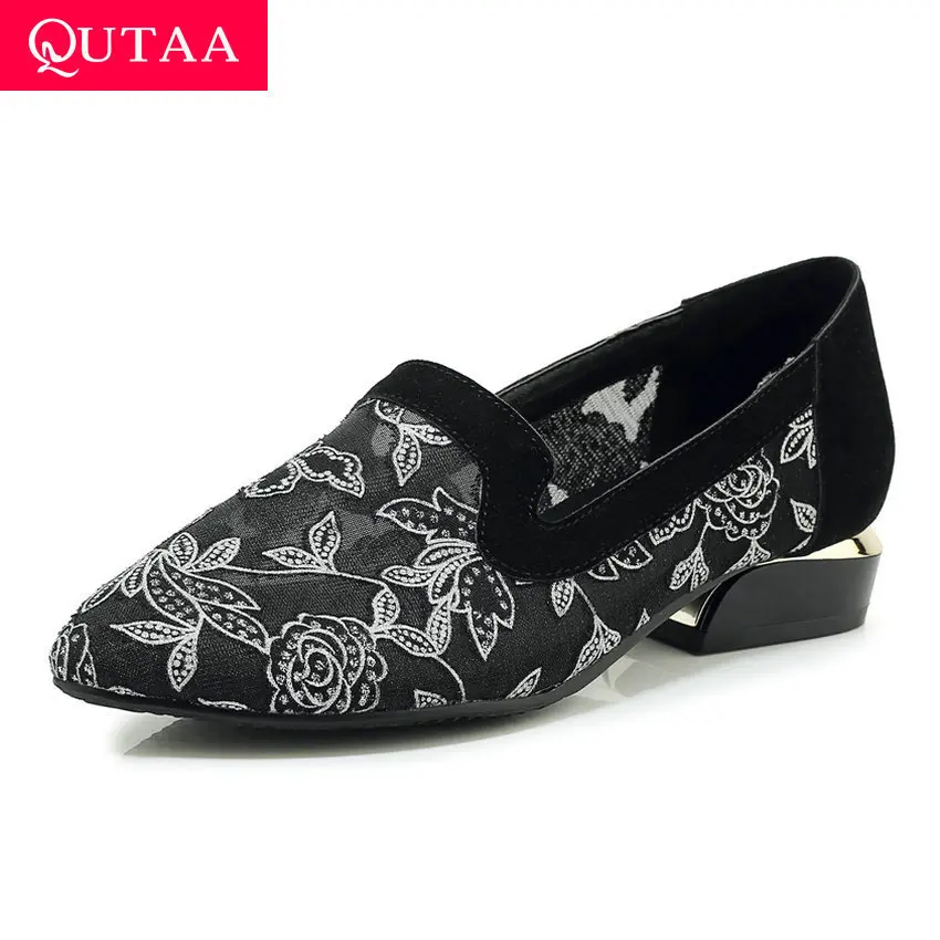 

QUTAA 2020 PU Scrub Mesh Patchwork Slip on Square Heel Women Pumps Pointed Toe Embroidery Spring Women Single Shoes Size 34-43