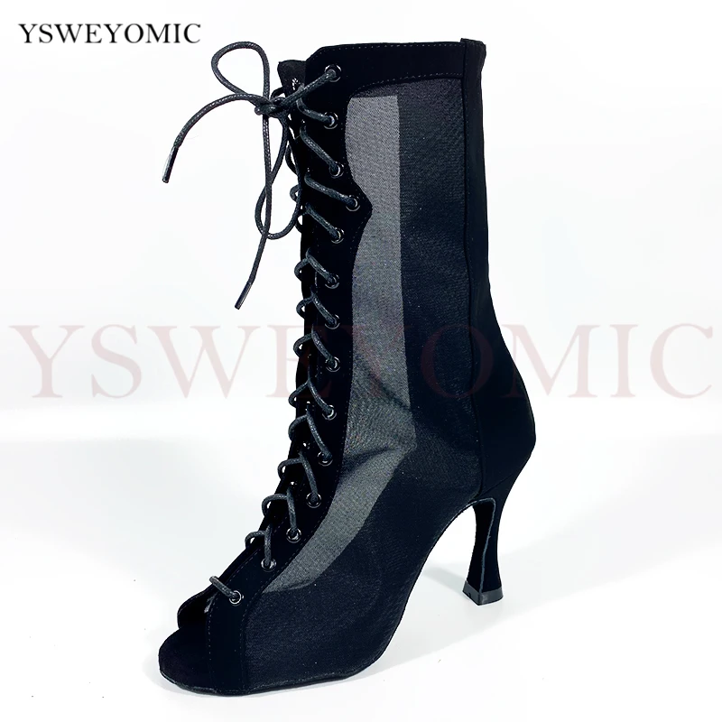 Women's Latin Ballroom Party Dance Boots Black Red Color Transparent Sexy Soft Thick Outsole Salsa Dancing Shoes In 3inch Heel
