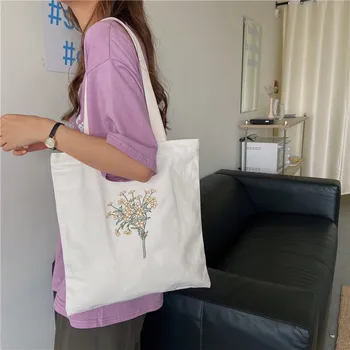 

Vintage Ladies Shoulder Shopping Bags Fashion Embroidered Flower Women Canvas Handbags Portable Girl Student Large Tote Vest Bag