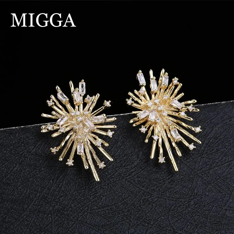 MIGGA, большие серьги-гвоздики с фианитами, Модные женские вечерние ювелирные изделия с фианитами, золотой цвет