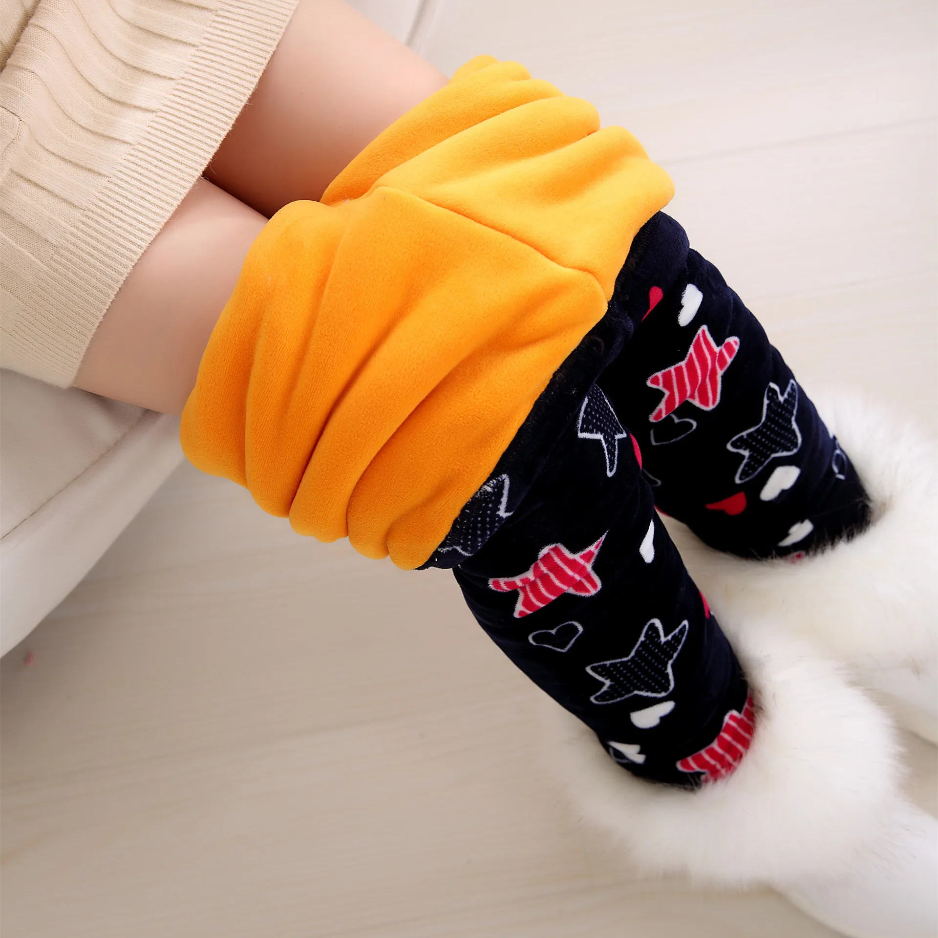 

Children's Heart Star Houndstooth Printed Fleece Leggings Girls Cute Thin Pants Warmer Velvet Trousers For Autumn Winter