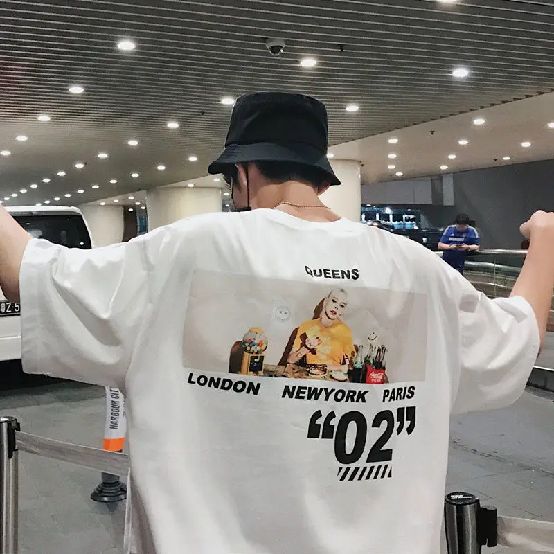 Летняя мужская футболка с короткими рукавами в Корейском стиле с пятиконечными рукавами, трендовая свободная одежда Harajuku в стиле хип-хоп, топы