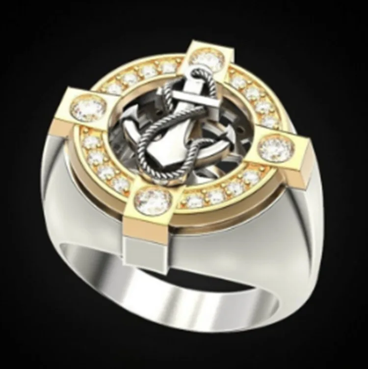 

Northern Europe Style Two Tone Viking Compass Anchor Ring Motorcycle Party Zircon Punk Ring Men Jewelry Accessories