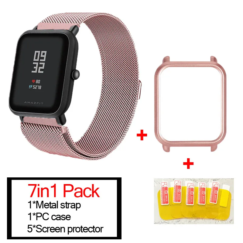 7в1 Браслет Для Xiaomi Huami Amazfit ремешок bip Миланская нержавеющая сталь умные часы полосы Amazfit bip защитный чехол для экрана
