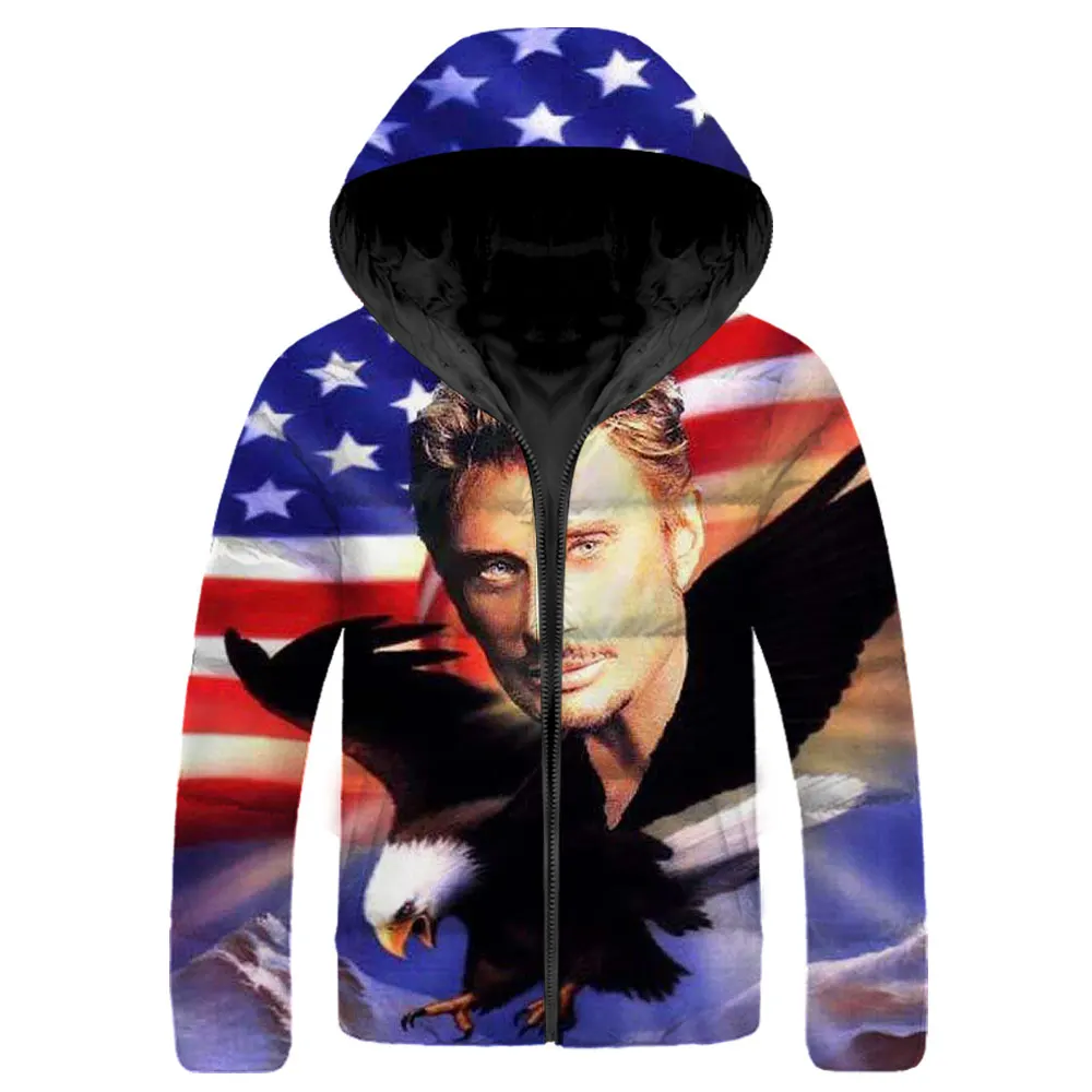 SONSPEE Casual Hip Hop Parkas 3D Print France Singer Johnny Hallyday Down Jacket Winter Loose Keep Warm Streetwear Men's Coats