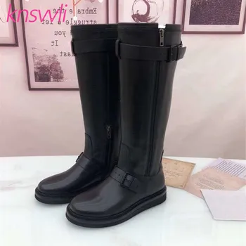 

Belt Buckle Knee High Boots Women Black Leather Knight Boots Ladies Flat Shoes Round Toe Thick Sole Motorcycle Boots Woman