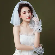 Для женщин Свадебные сетчатые перчатки черный горошек Искусственный Жемчужный Цветок из горного хрусталя оборками полный палец Короткие рукавицы вечерний костюм