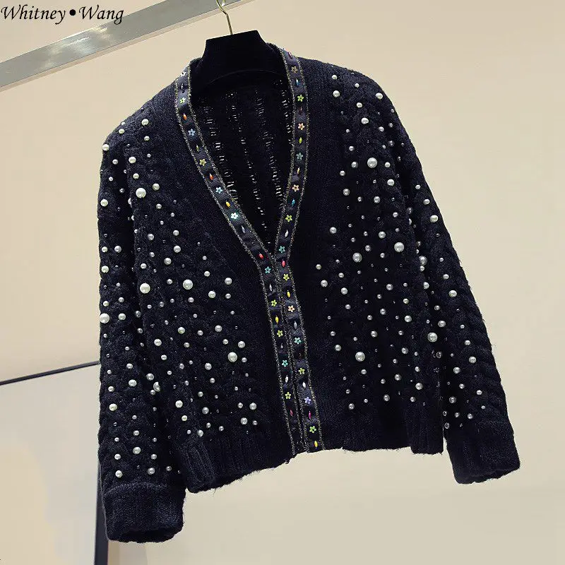 

WHITNEY WANG 2019 Autumn Winter Fashion Streetwear Handmade Pearls Beading Cardigan Women Sweater Jumper sueter mujer invierno