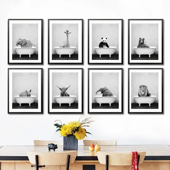 

Baby Animal in Bathtub Poster Panda Giraffe Elephant Lion Pig Cow Canvas Painting Nursery Wall Art Nordic Picture Kid Room Decor