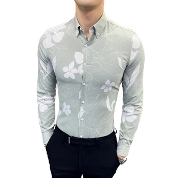 

2019 New Fashion Spring Men's Casual Shirt Men's Long-sleeved Slim Shirt Camisas Masculinas Small Floral Print Design M-3XL