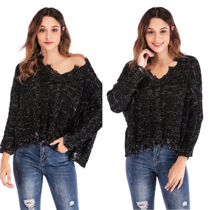 

The new spring 2019 knitwear is a fashion hit for women's loose-fitting knitwear with a solid color v-neck and long sleeves