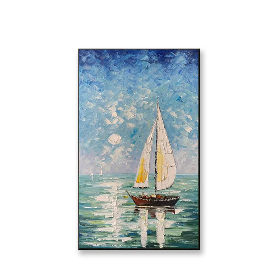 

Sailboat on the sea landscape picture for home wall decor Handmade canvas oil painting hanging poster for living room entrance