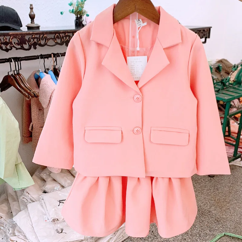 Весенне-осенний комплект из 2 предметов для девочек, пальто для малышей+ плиссированная юбка, Детский костюм, детская модная одежда с v-образным вырезом, яркие цвета, для детей от 2 до 7 лет - Цвет: pink