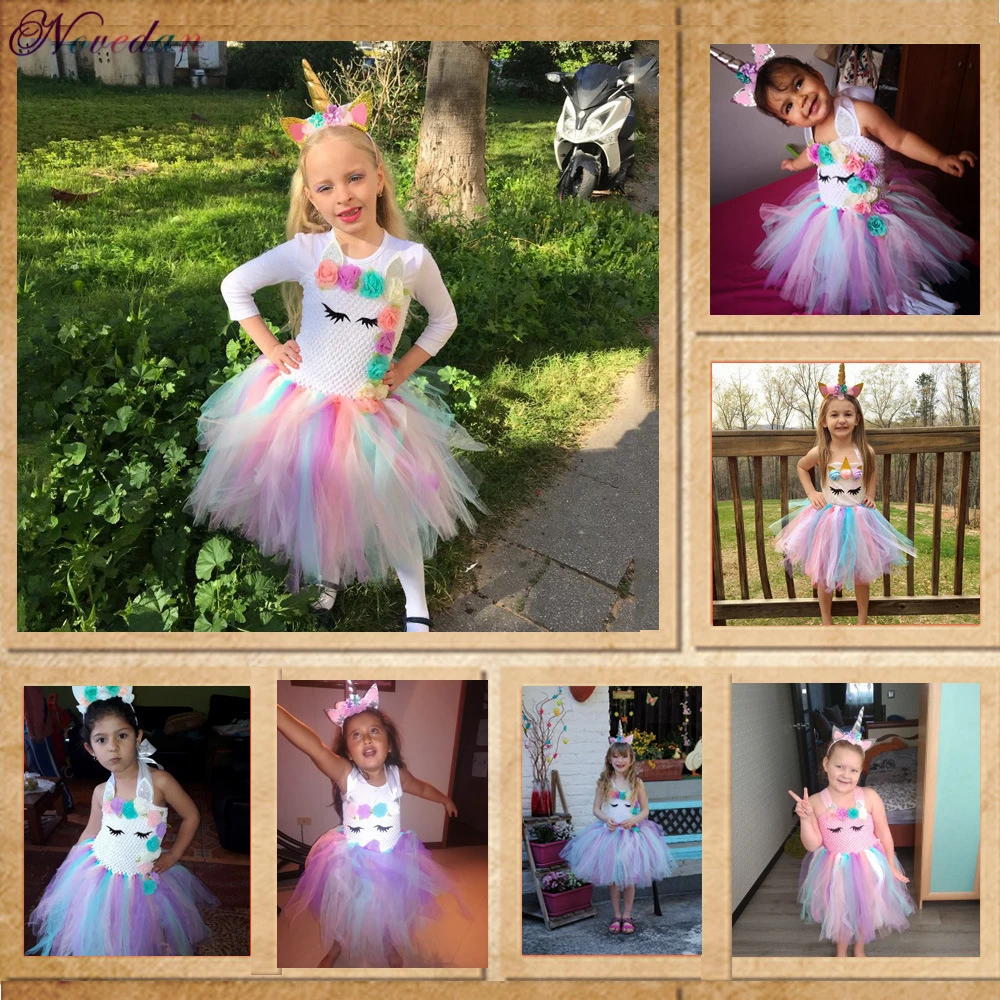 New Kids Unicorn Costumes For Girls Unicorn Tutu Dress With Gold Headband Wings Princess Girls Halloween Party Dress 2-10 Years