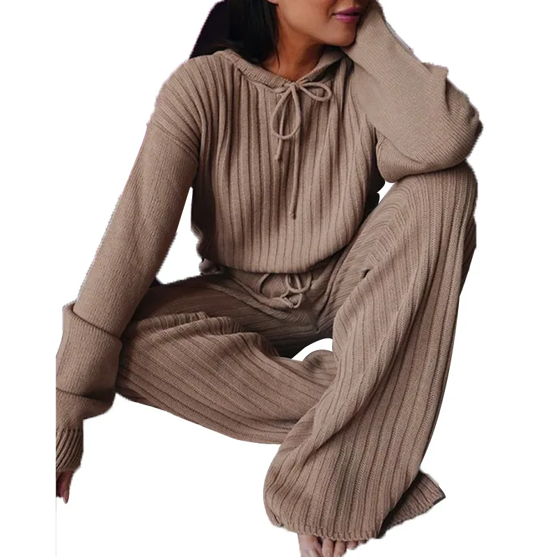 Las mujeres traje de la tendencia de la moda de Damas Otoño de 2 piezas de manga larga con capucha de alta pantalones de pierna ancha de cintura juego de ropa casual