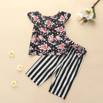 

Baby Girls Sets Sleeveless Flower Print Tops and Striped Trousers Summer 2020