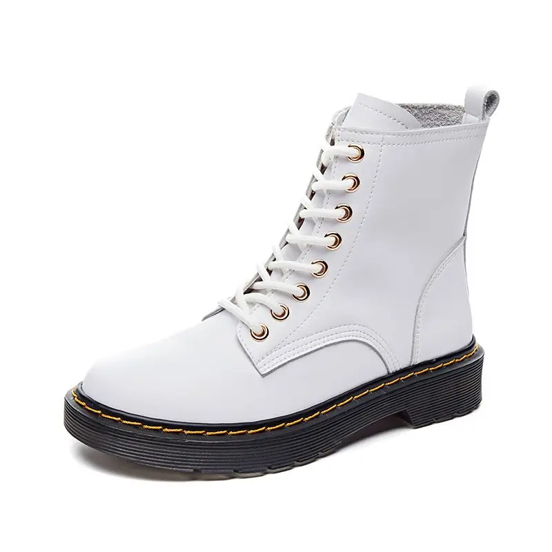 EGONERY; брендовые ботинки в стиле рок из натуральной кожи; цвет желтый, белый, черный; мотоботы в готическом стиле; зимняя женская обувь на плоской подошве с круглым носком