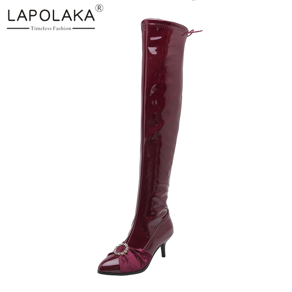 

Lapolaka New 34-48 Over The Knee Boots Ladies Sexy Thigh High Boots 2019 Autumn Winter Patent Pu High Heels Party Shoes Woman