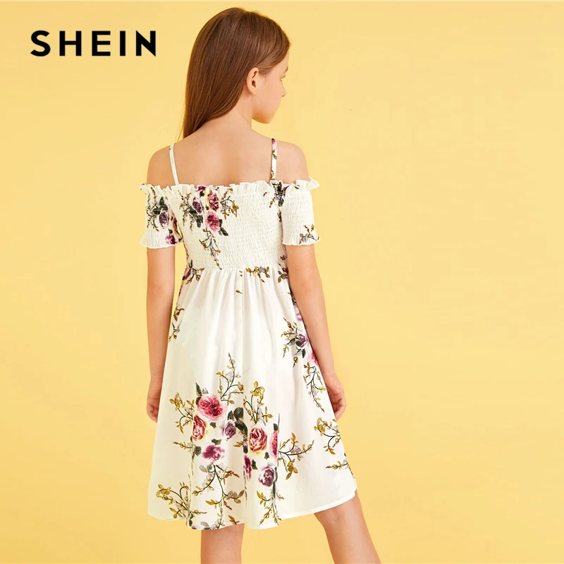 SHEIN/Детское платье в стиле бохо с открытыми плечами и цветочным принтом для девочек; коллекция года; летнее праздничное платье с короткими рукавами и высокой талией
