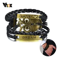 Vnox браслеты с подвесками в виде совы для мужчин и женщин, многослойный байдированный кожаный браслет с надписью LOVE DREAM, барный браслет, регулируемая длина, Pulseira