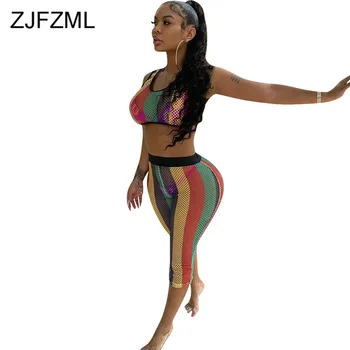 

Rainbow Stripes Sexy 2 Piece Sets Summer Outfits for Women Sleeveless Crop Tops + Skinny Shorts Suit Plus Size Beach Tracksuit