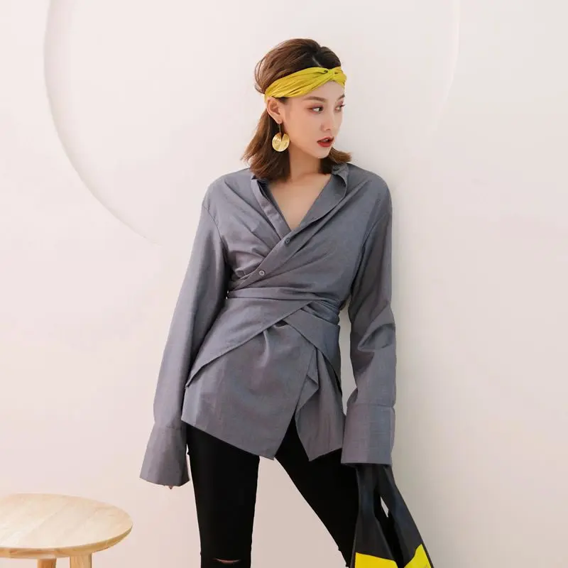 gray WQR1650 XITAO/тонкая женская блузка в Корейском стиле; модная новинка года; Осенняя Повседневная рубашка с воротником-стойкой в стиле «богиня» в стиле пэчворк; WQR1650 - Цвет: gray WQR1650
