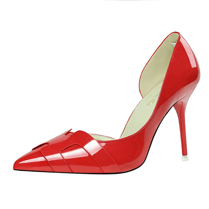 

Skinny High-heeled Shoes Women's Shoes Fine With High With Side Hollow Out Solid Color Patent Leather Shallow Zapatos De Mujer