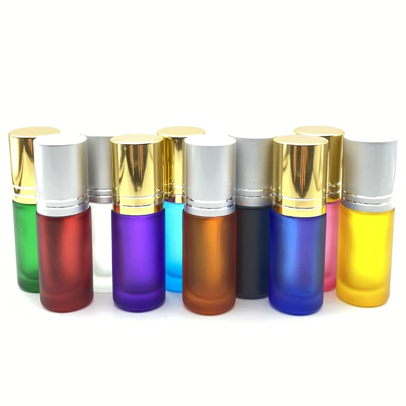 

10set 5ml Frosted Thick Glass Essential Oil Perfume Roller Bottles Portable Travel Refillable Colorful Roll Ball Vial