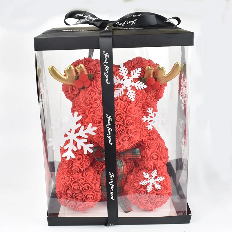 Рождественский день 40 см розовый медведь мыло Пена плюшевый медведь со снегом Подарочная коробка рога Рождественская шляпа - Цвет: 40cm red