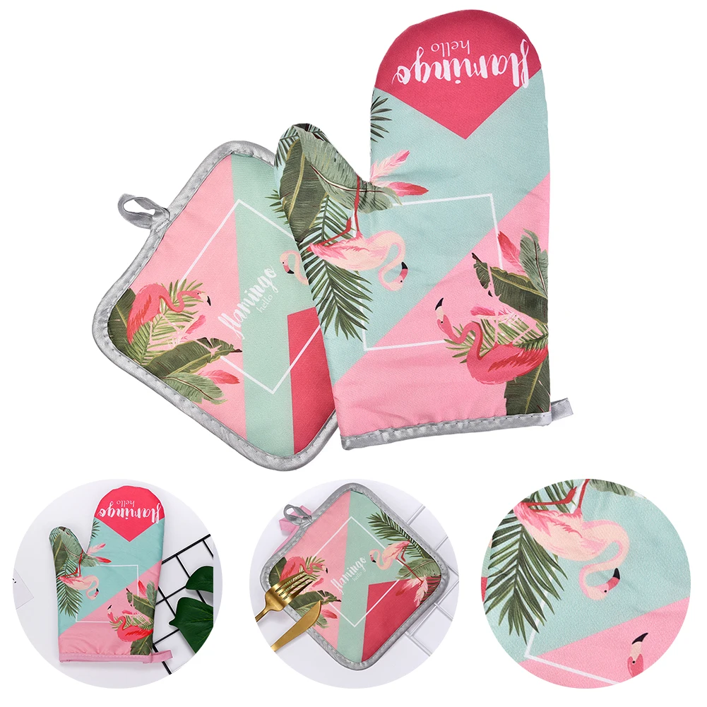 2pcs Flamingo Pattern Microwave Gloves Cotton And Linen Padded High Temperature Resistant Oven Gloves For Kitchen Cooking Tool Silicone Oven Mitts Kitchen Gloves Silicone Oven Gloves