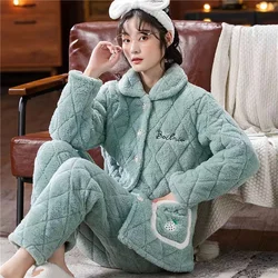 Winter Women Pajamas Set Coral Velve Three-Layer Thicken Flannel 2 Pieces/Sets Pyjamas Long Sleeve Homewear Home Clothing