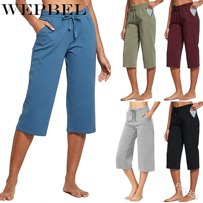 

WEPBEL Summer Solid Color Lace-up Mid-Waist Pants Women's Casual Straight Calf-Length Pants